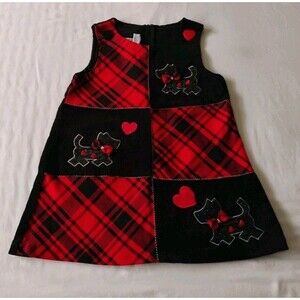 Vtg Bonnie Jean Girls Jumper Dress Scottie Dog ❤️ Red Black Plaid Corduroy 2T